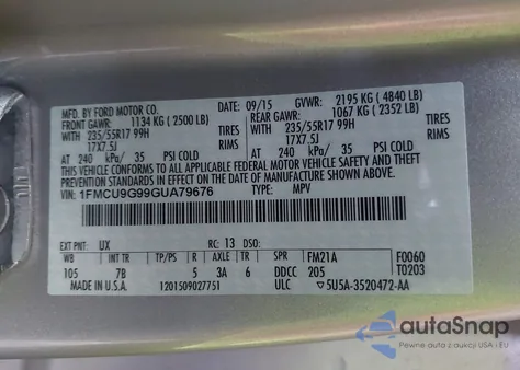 2016 Ford Escape Se from USA, damaged, VIN 1FMCU9G99GUA79676